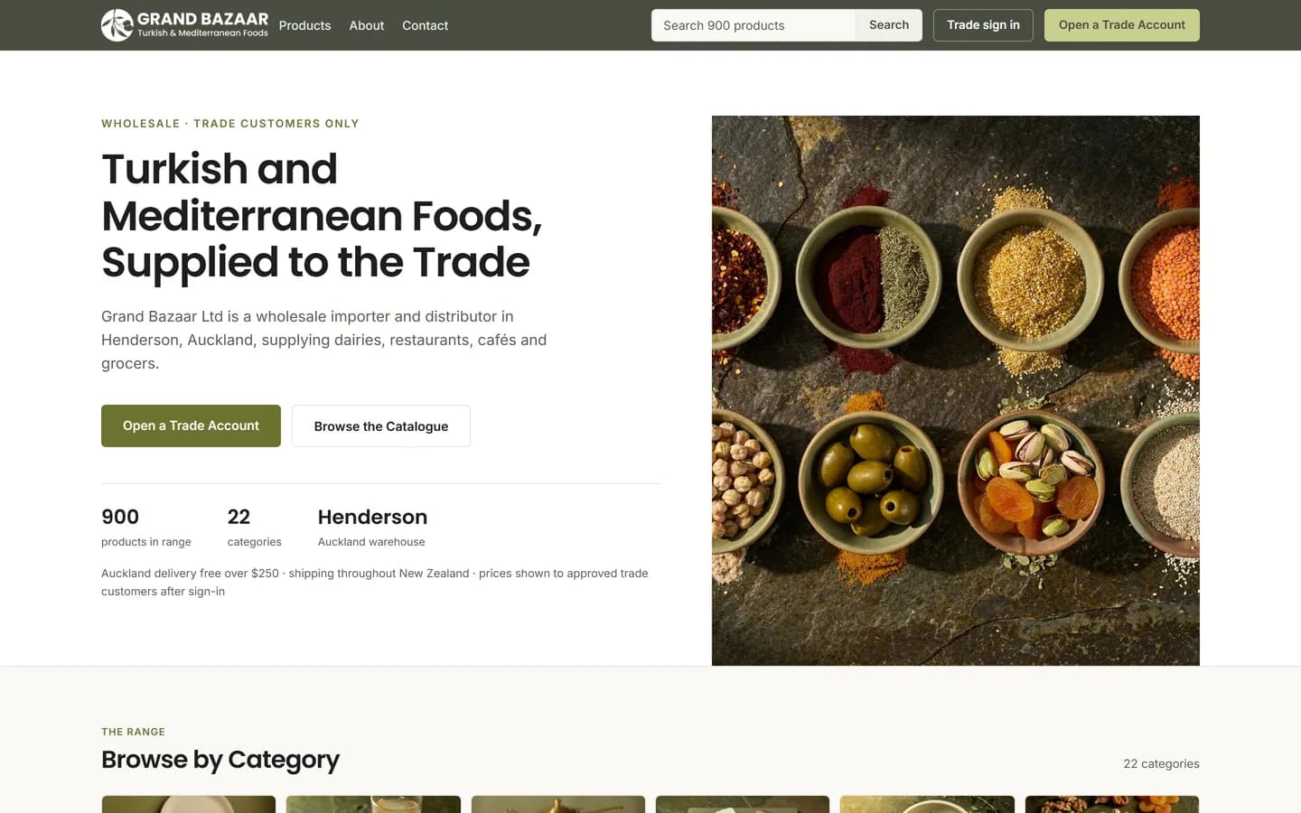 The Grand Bazaar home page, headed "Turkish and Mediterranean Foods, Supplied to the Trade", with trade account sign-in and catalogue links.