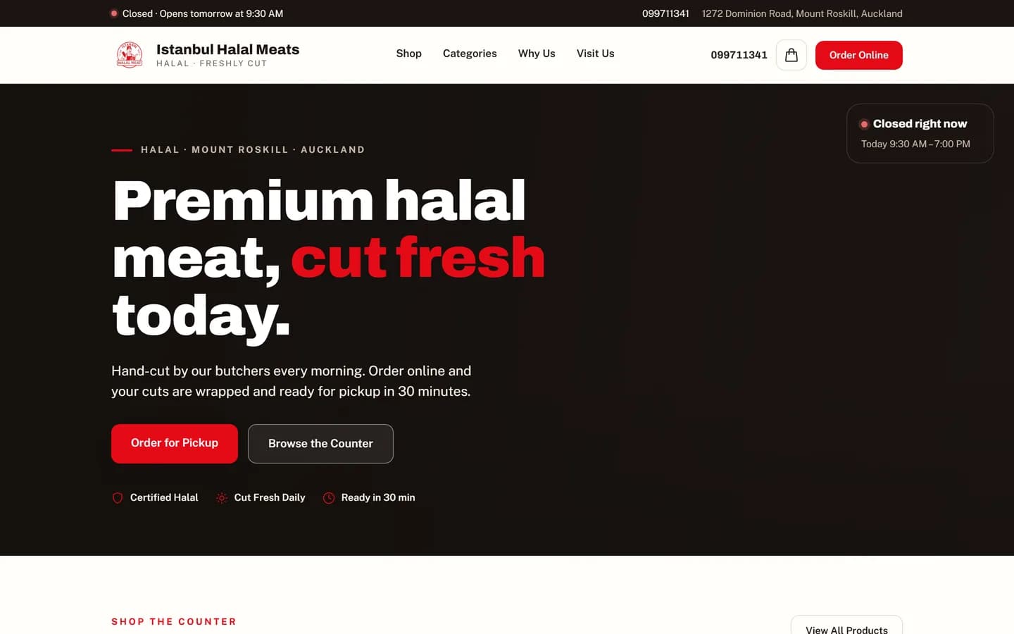 The Istanbul Halal Meats home page, headed "Premium halal meat, cut fresh today", with buttons to order for pickup or browse the counter.