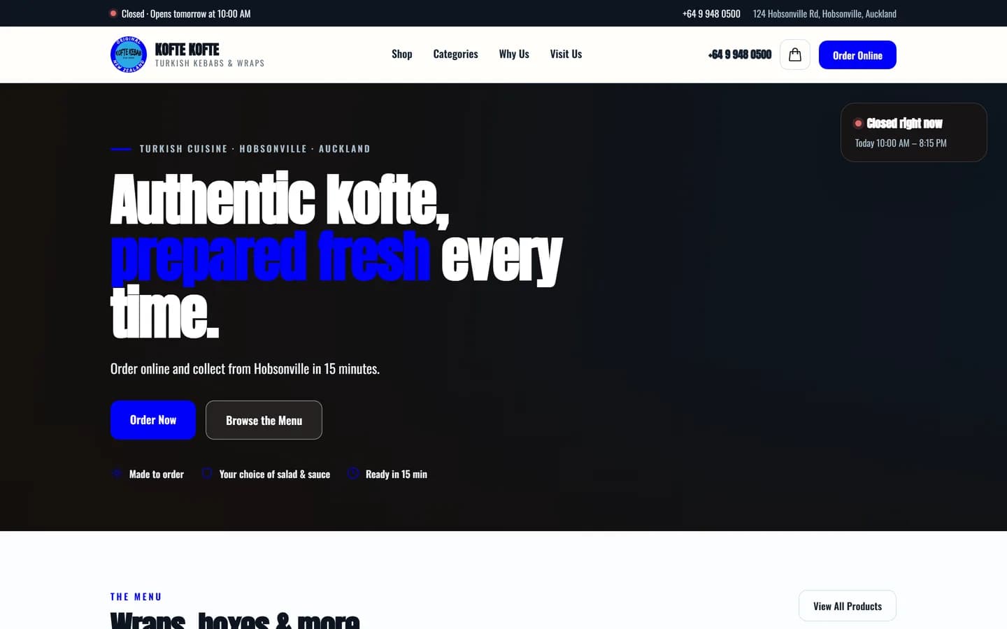 The Kofte Kofte home page, headed "Authentic kofte, prepared fresh every time", with order and menu buttons.