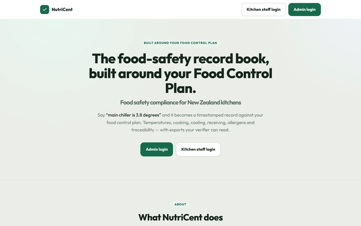 The NutriCent home page, headed "The food-safety record book, built around your Food Control Plan", with separate admin and kitchen staff logins.