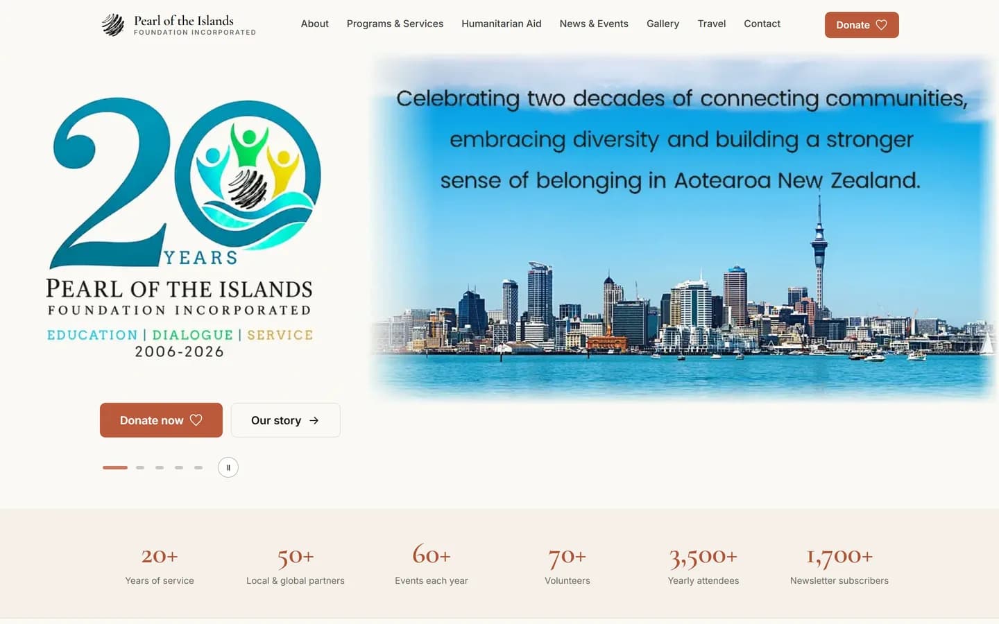 The Pearl of the Islands Foundation home page, marking twenty years of the foundation, with donation and programme links.