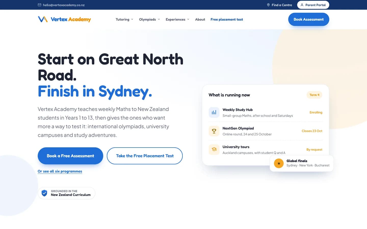 The Vertex Academy home page, headed "Start on Great North Road. Finish in Sydney.", beside a panel listing the programmes currently running.